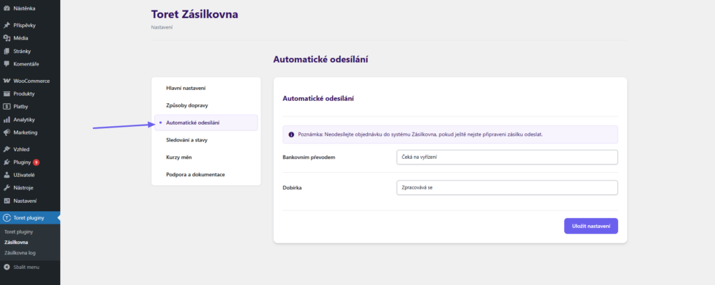 Plugin Toret Zásilkovna - nastavení automatického podání zásilek
