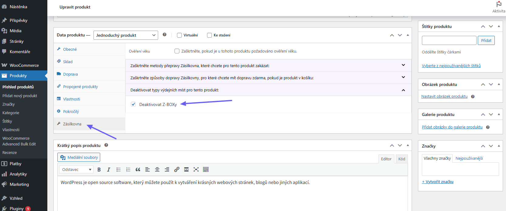 Plugin Toret Zásilkovna - vypnutí doručení do Z-boxů pro produkt