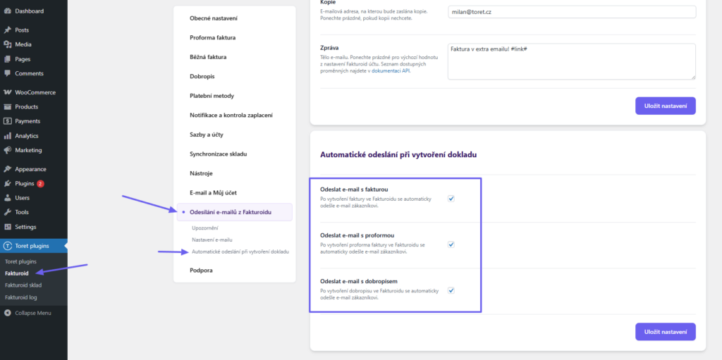 plugin Toret Fakturoid - Nastavení e-mailů odesílaných z Fakturoidu