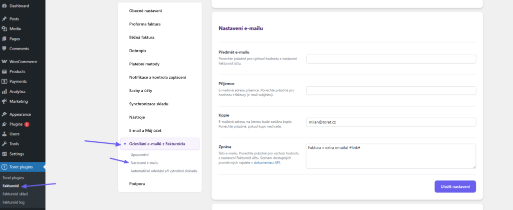 plugin Toret Fakturoid - Nastavení e-mailů odesílaných z Fakturoidu