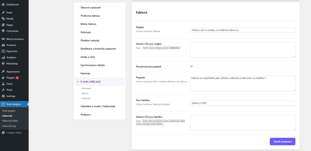 plugin Toret Fakturoid - Nastavení informací v e-mailu a v sekci Můj účet