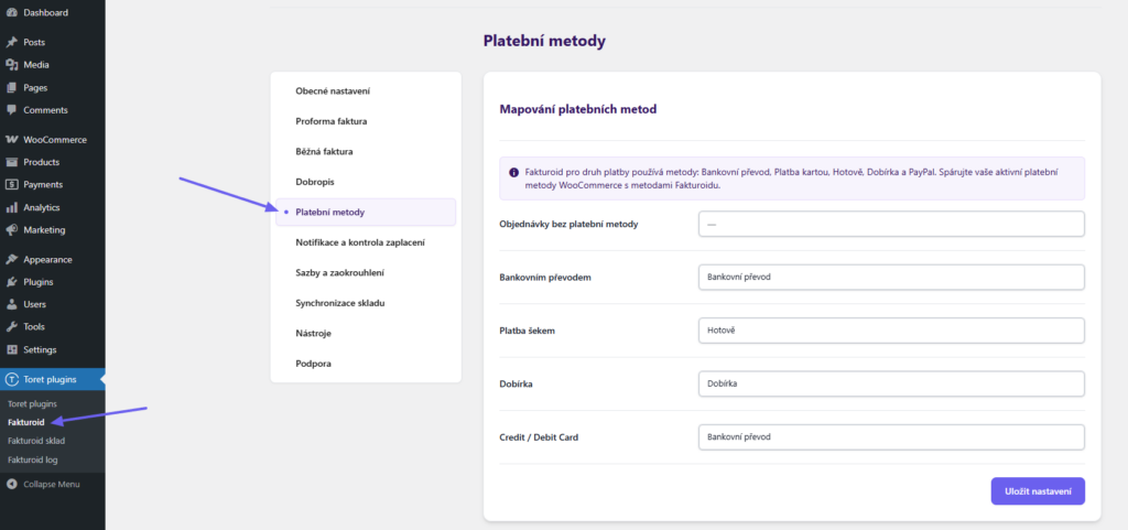 plugin Toret Fakturoid - přiřazení platebních metod