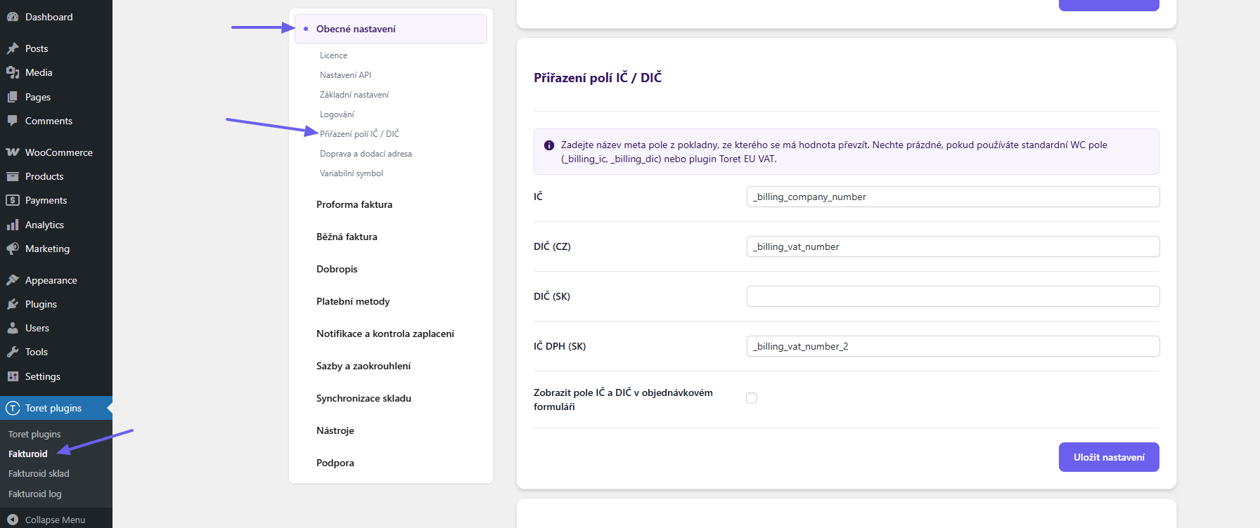 plugin Toret Fakturoid - přiřazení polí pro IČ/DIČ