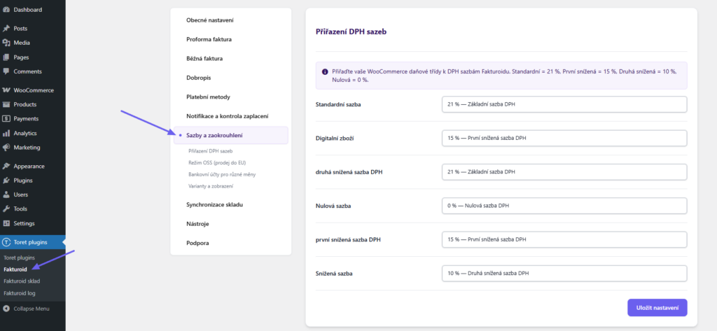plugin Toret Fakturoid - přiřazení sazeb DPH