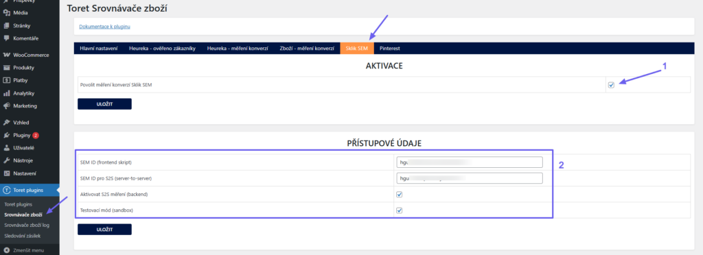 Plugin srovnávače - nastavení funkce Sklik SEM
