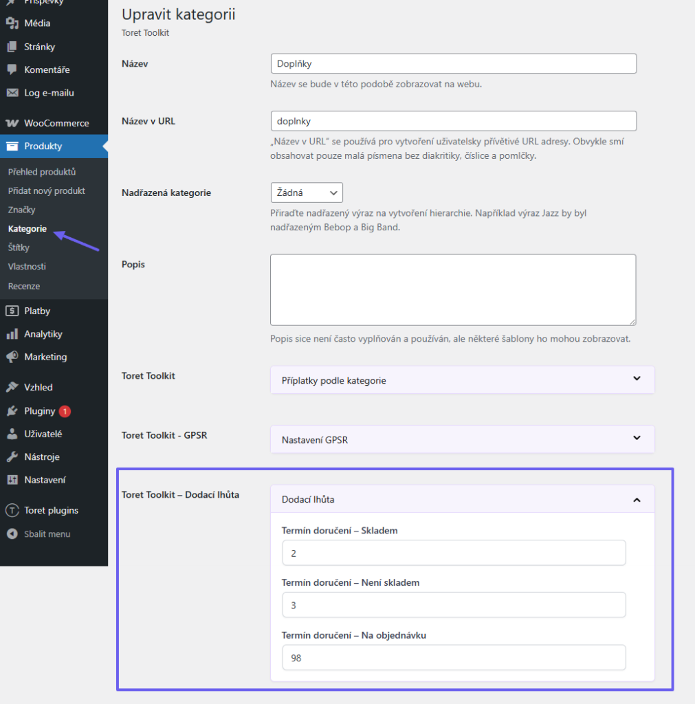 Plugin Toret Toolkit - nastavení dodací lhůty pro kategorii