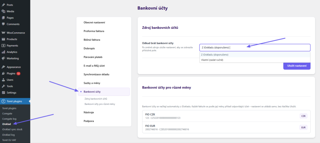 plugin iDoklad - Nastavení bankovních účtů pro různé měny