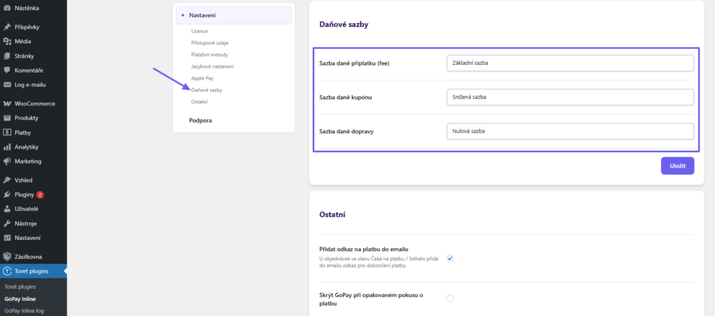 Plugin Toret GoPay Inline - nastavení daňových sazeb