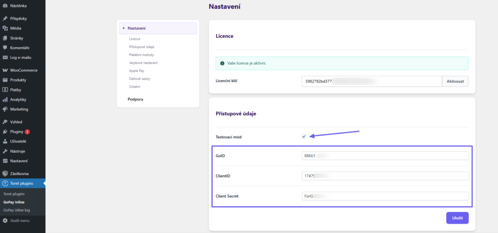 Plugin Toret GoPay Inline - nastavení přístupových údajů