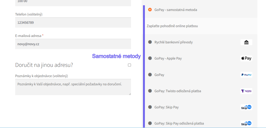 Plugin Toret GoPay Inline - samostatné metody
