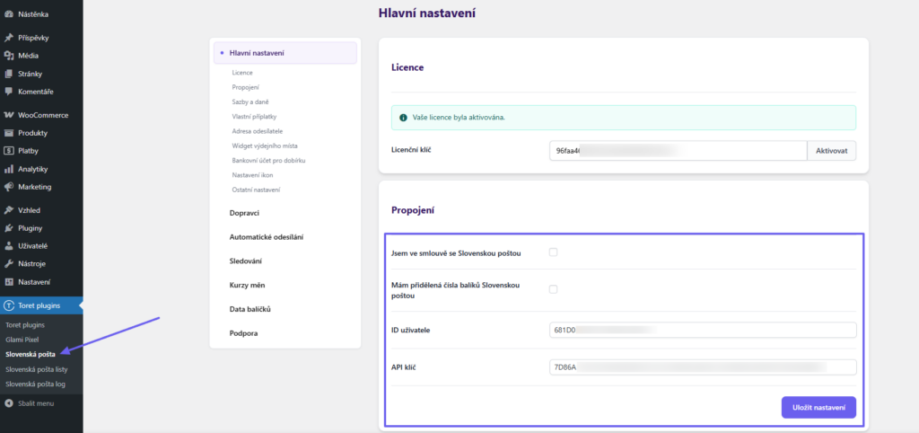 Plugin Toret Slovenská pošta - aktivace
