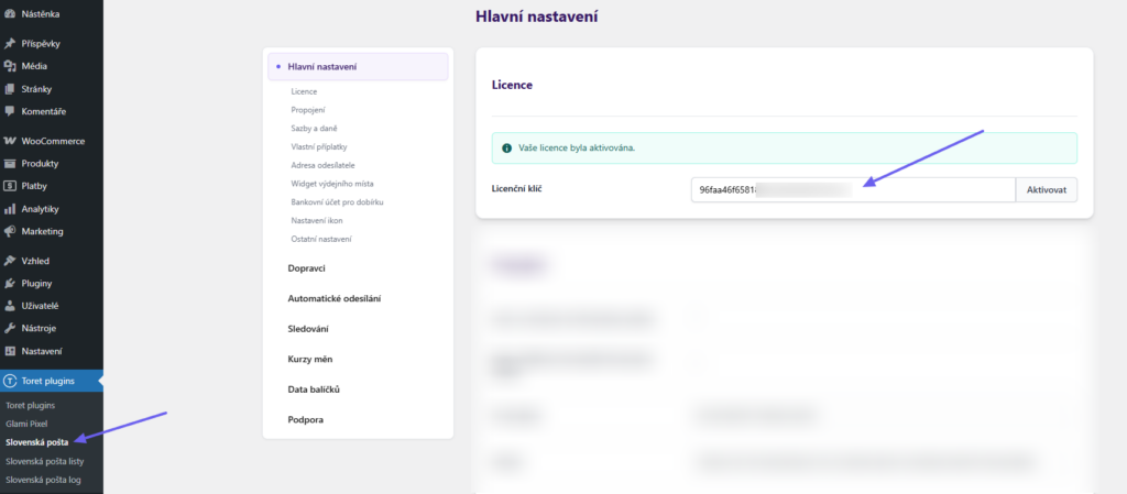 Plugin Toret Slovenská pošta - aktivace