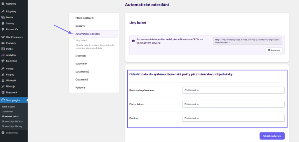 Plugin Toret Slovenská pošta - automatické podání zásilky