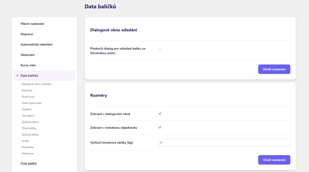 Plugin Toret Slovenská pošta - nastavení dat balíčků