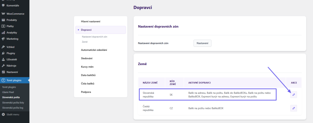 Plugin Toret Slovenská pošta - nastavení dopravců