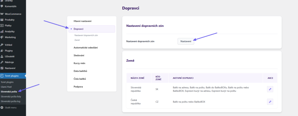 Plugin Toret Slovenská pošta - nastavení dopravců