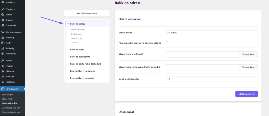 Plugin Toret Slovenská pošta - nastavení dopravců 