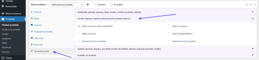 Plugin Toret Slovenská pošta - nastavení dopravy zdarma pro produkt