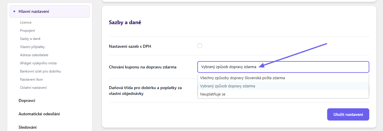 Plugin Toret Slovenská pošta - nastavení kupónů pro dopravu zdarma