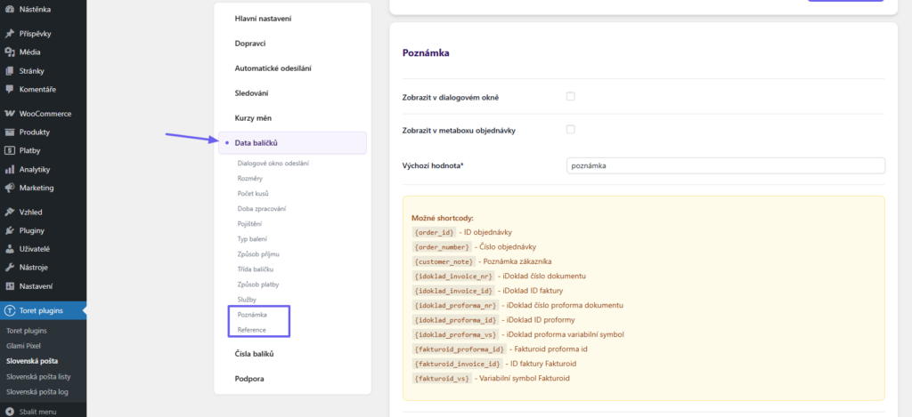 Plugin Toret Slovenská pošta - nastavení poznámky a reference na štítku