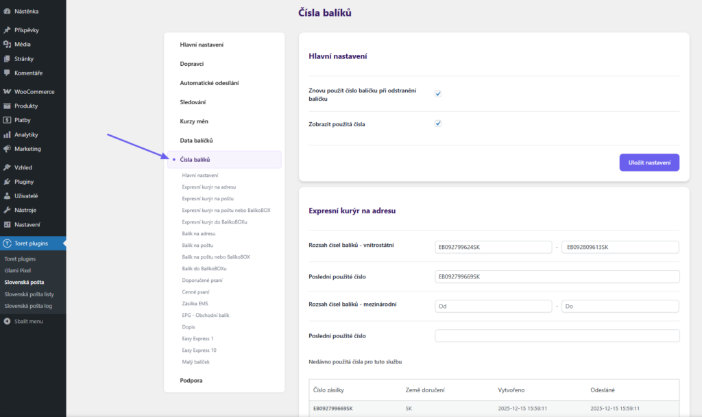 Plugin Toret Slovenská pošta - nastavení přidělených čísel balíků