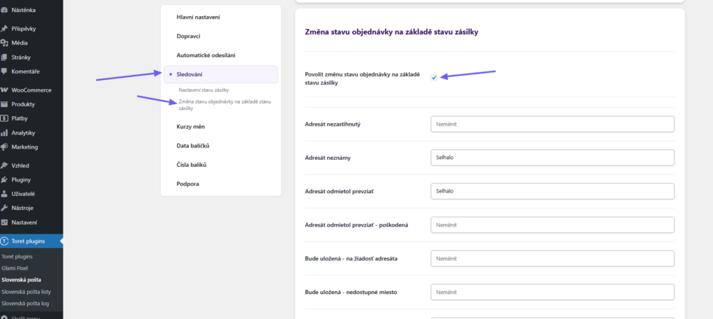 Plugin Toret Slovenská pošta - nastavení změny stavu objednávky na základě stavu zásilky
