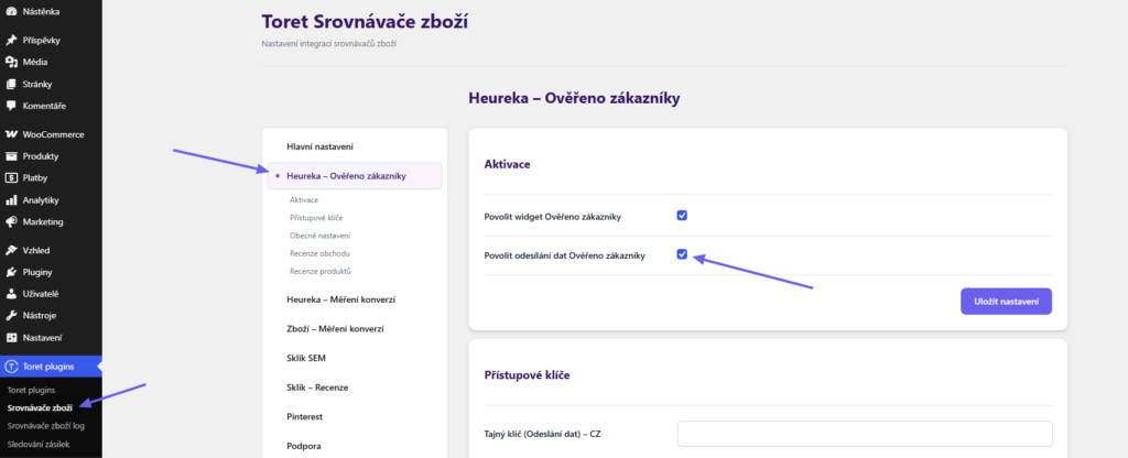 Plugin Toret Srovnávače zboží - aktivace služby Ověřeno zákazníky