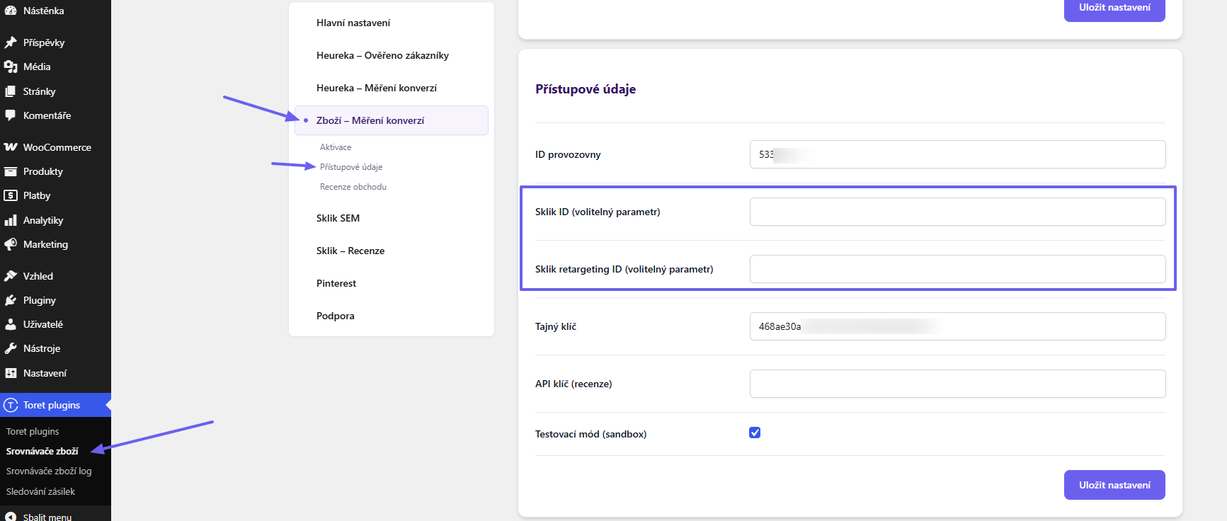 Plugin Toret Srovnávače zboží - nastavení měření konverzí Zboží.cz - Sklik ID