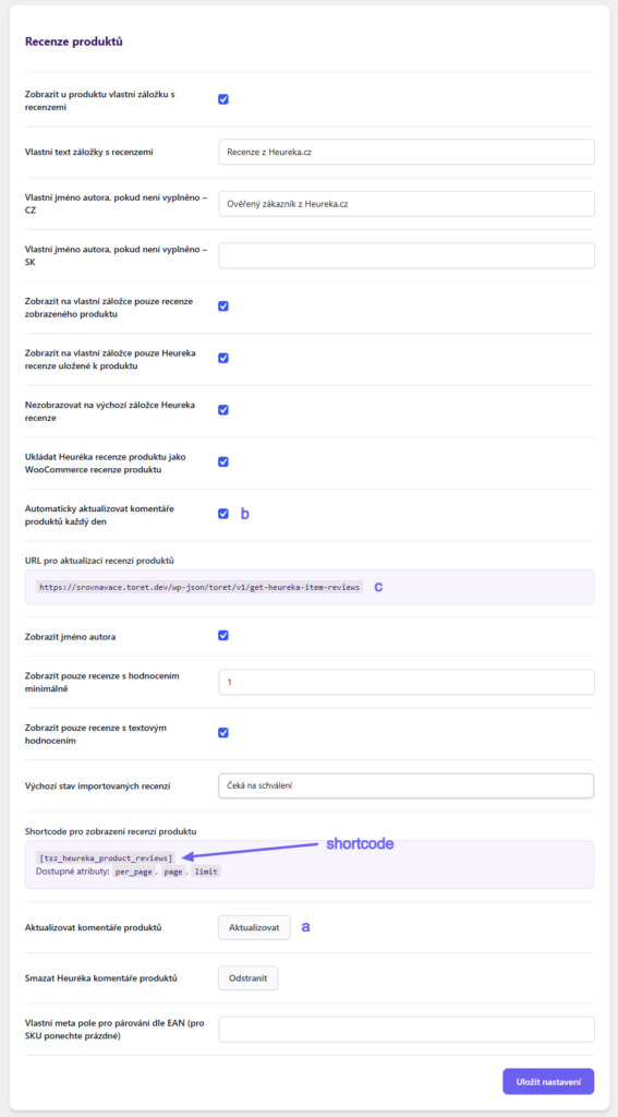 Plugin Toret Srovnávače zboží - nastavení načítání recenzí produktu