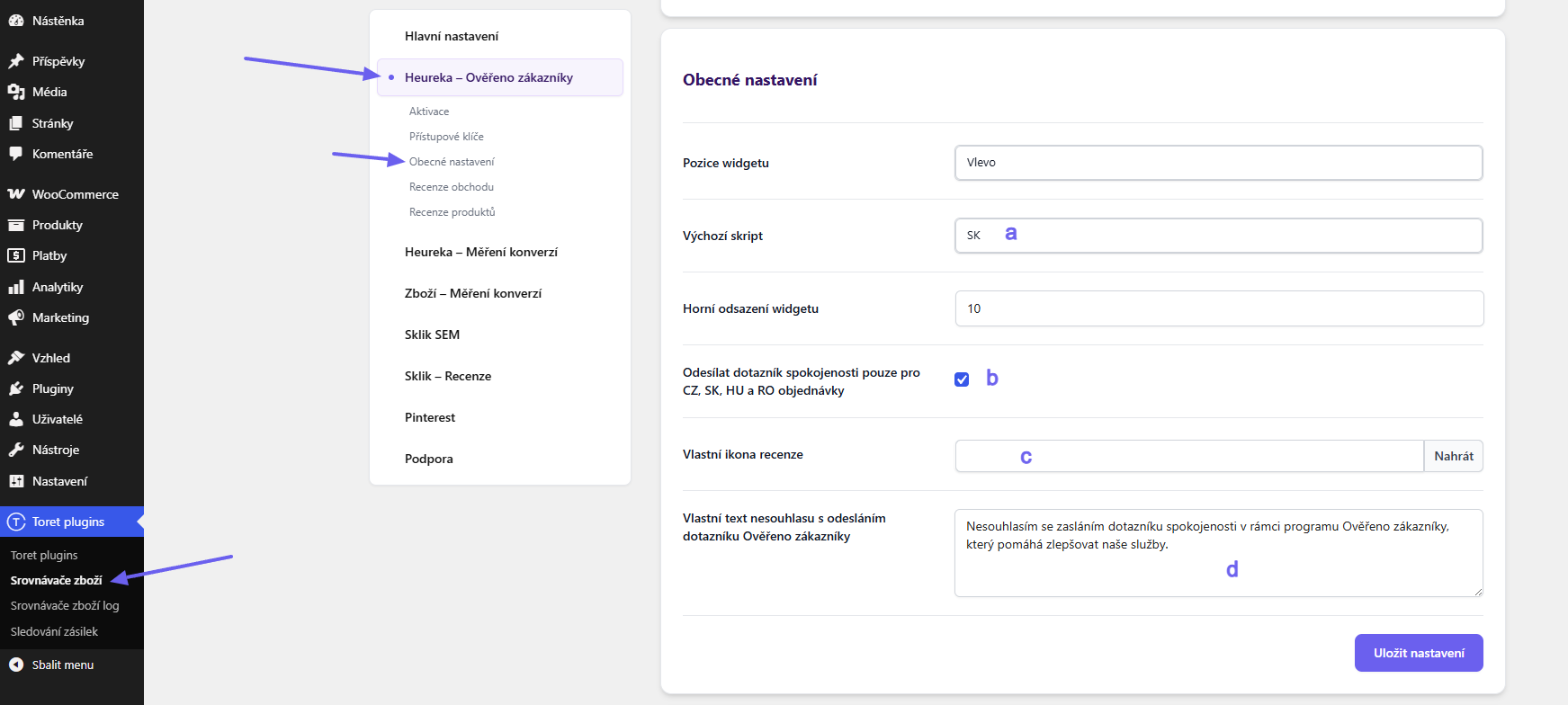 Plugin Toret Srovnávače zboží - nastavení odesílání dotazníku služby Ověřeno zákazníky