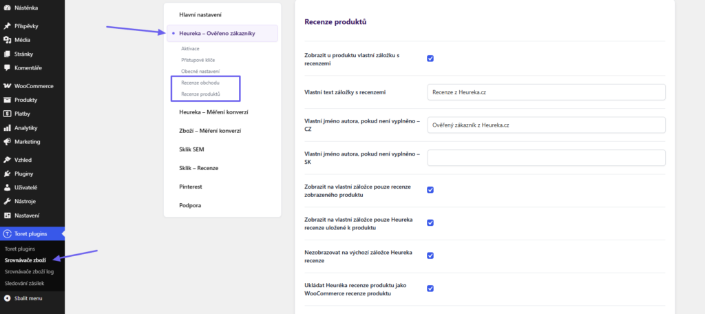 Plugin Toret Srovnávače zboží - nastavení přejímání recenzí z Heuréky