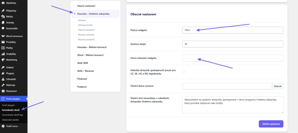 Plugin Toret Srovnávače zboží - nastavení widgetu služby Ověřeno zákazníky