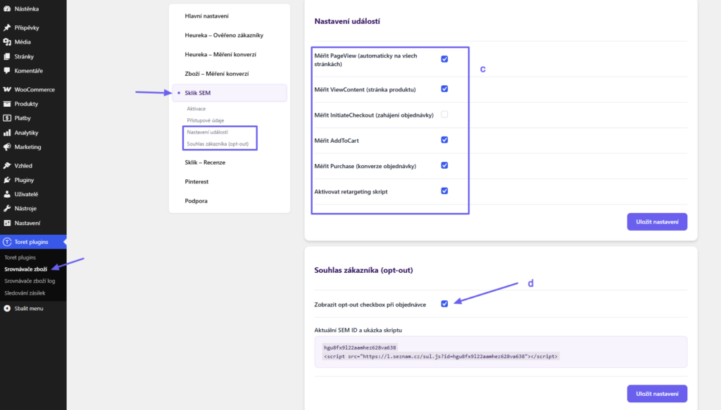 Plugin srovnávače - nastavení funkce Sklik SEM