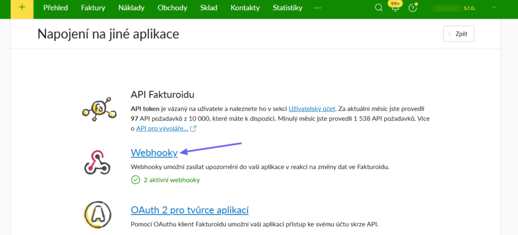 Toret Fakturoid – nastavení webhooku