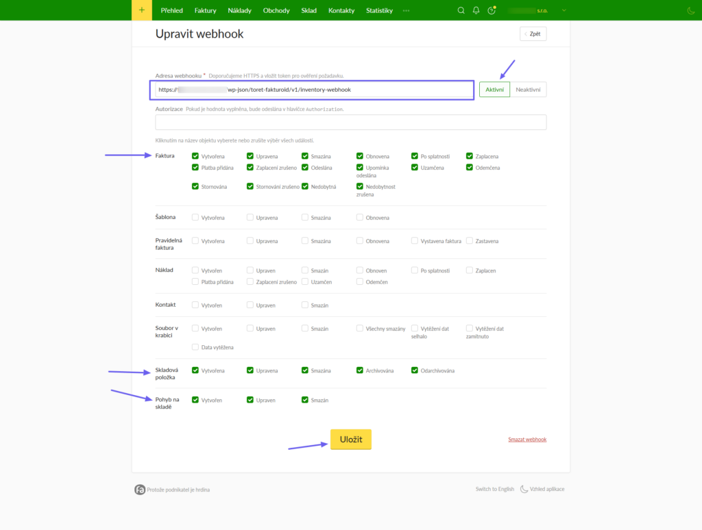 Toret Fakturoid – nastavení webhooku pro sklad