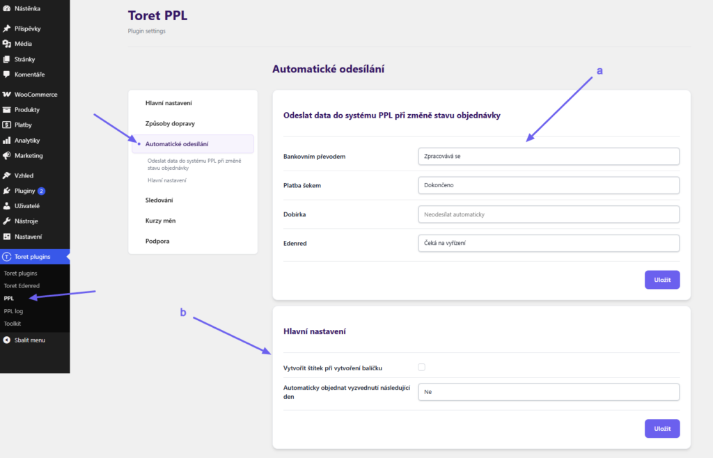 Plugin Toret PPL - automatické podání zásilky