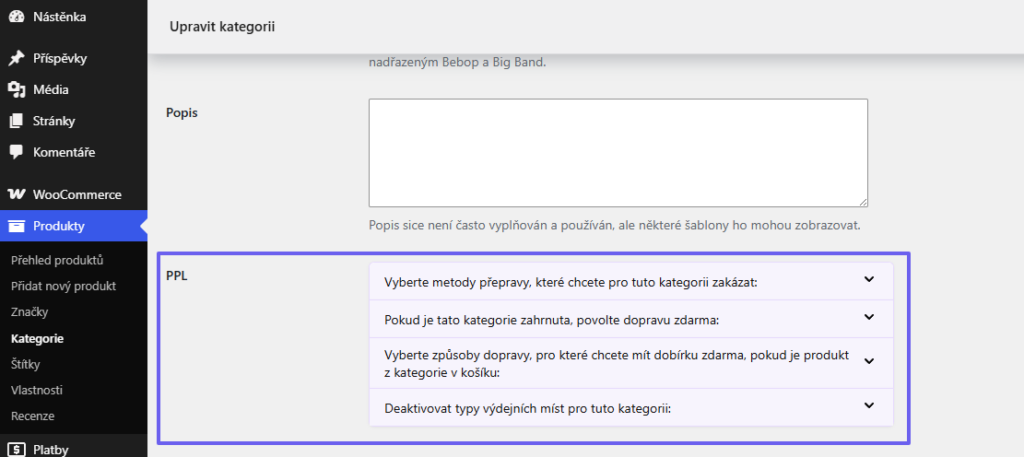 Plugin Toret PPL - nastavení dopravy na úrovni kategorie