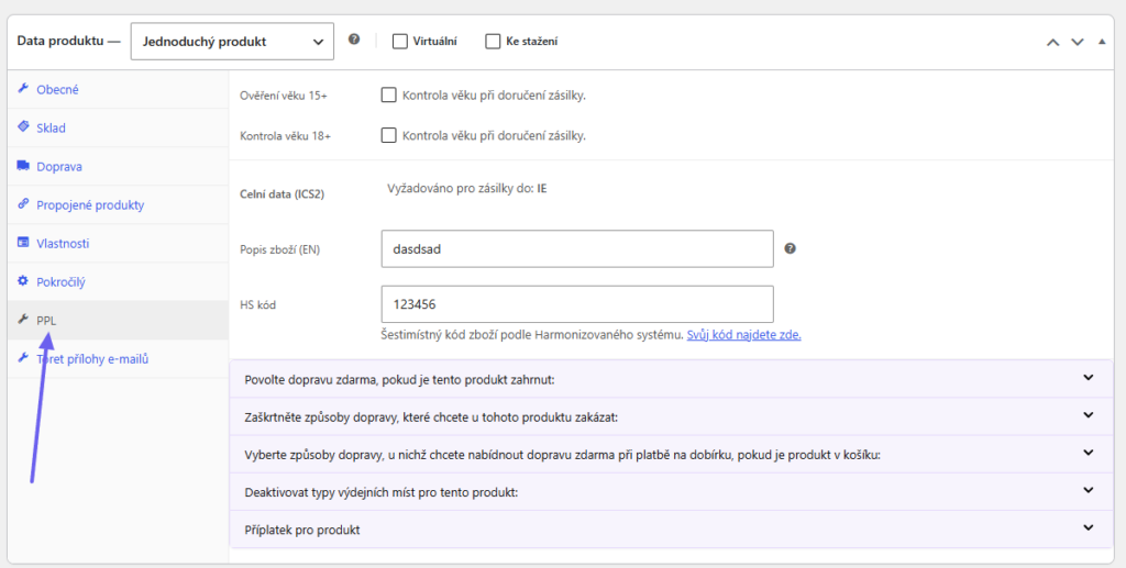 Plugin Toret PPL - nastavení dopravy na úrovni produktu