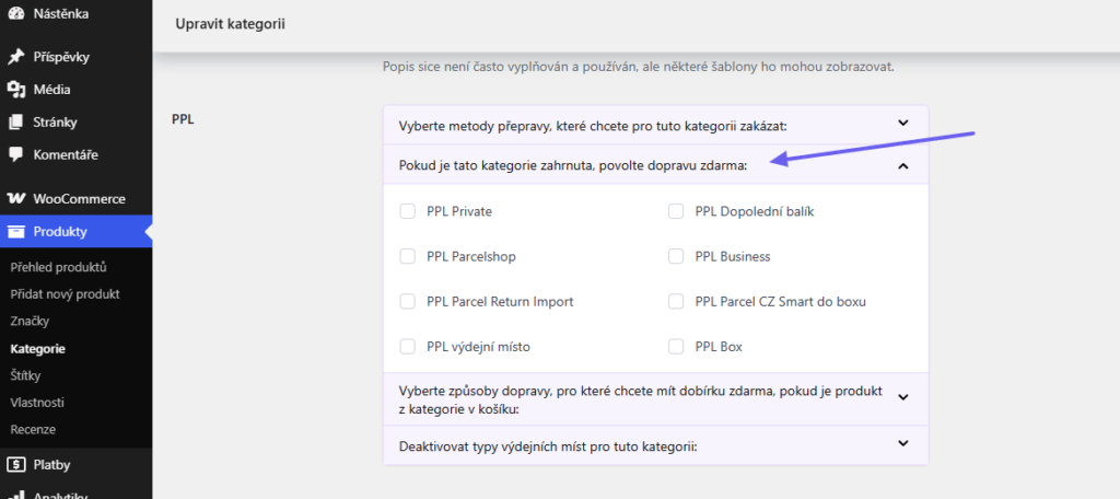 Plugin Toret PPL - nastavení dopravy zdarma pro kategorii