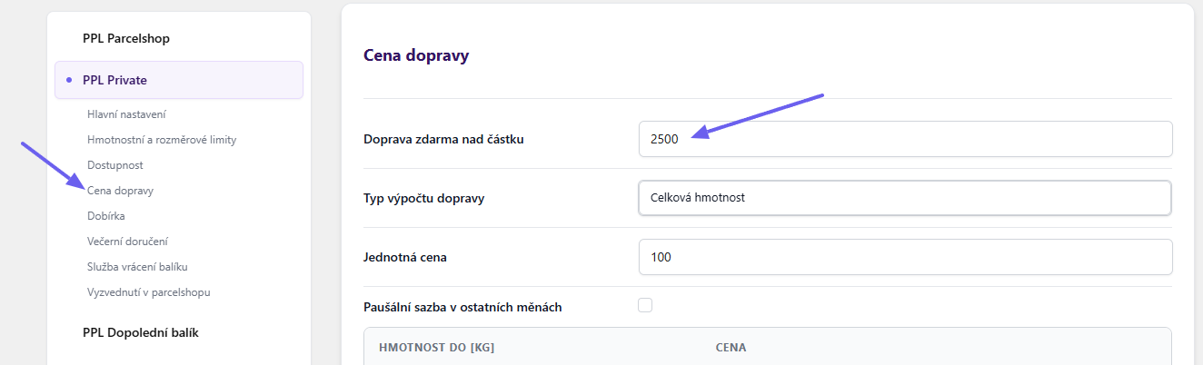 Plugin Toret PPL - nastavení dopravy zdarma