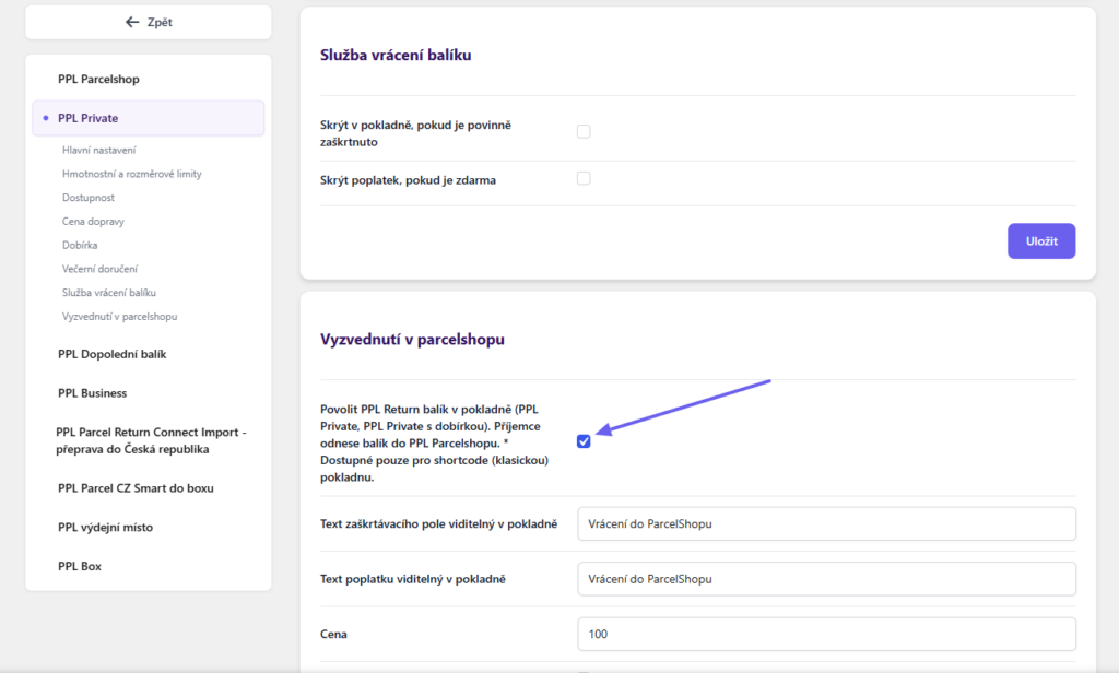 Plugin Toret PPL - služba vrácení balíku