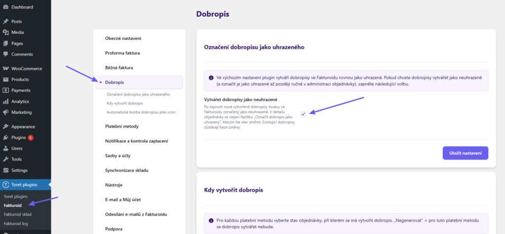 Toret Fakturoid – nastavení uhrazenosti dobropisu