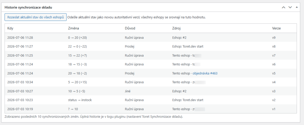 Toret Synchronizace skladu - historie synchronizace v detailu produktu - master