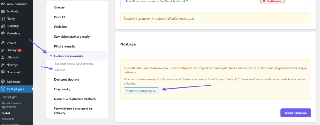 Plugin Toret Toolkit - přenačtení stavu recenzí WooCommerce