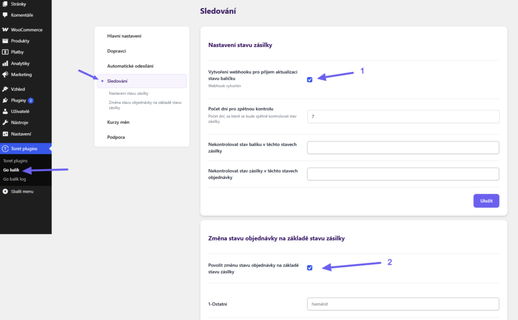 Plugin Toret GO balík - automatická změna stavu objednávky na základě stavu zásilky