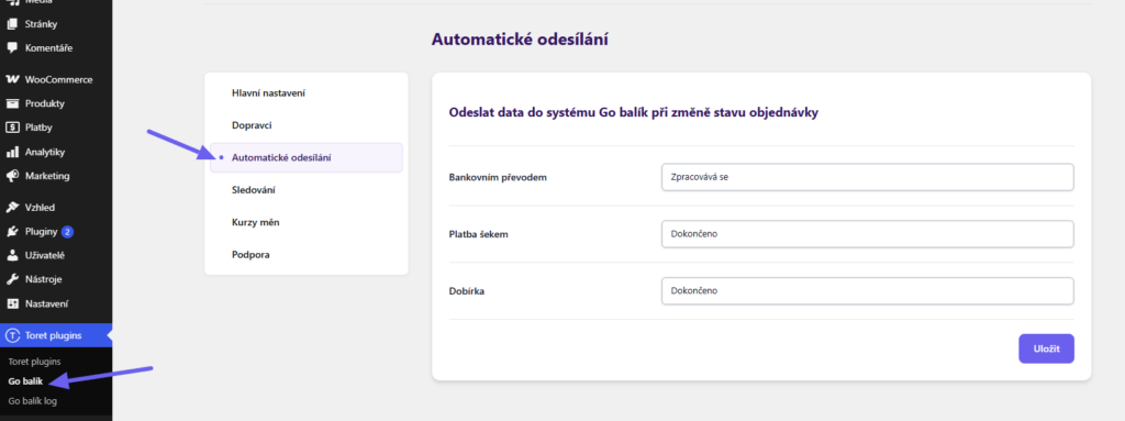 Plugin Toret GO balík - automatické podání zásilky