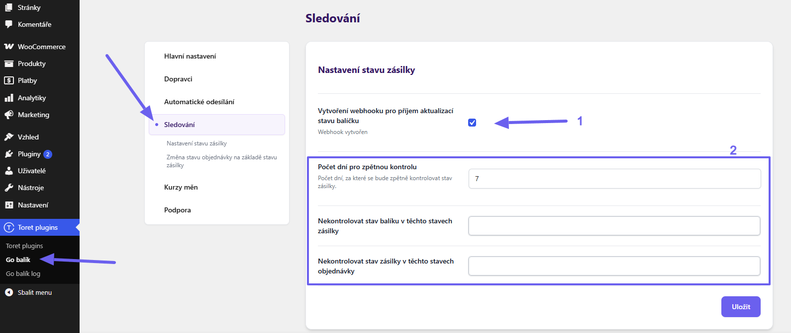 Plugin Toret GO balík - automatické sledování zásilky