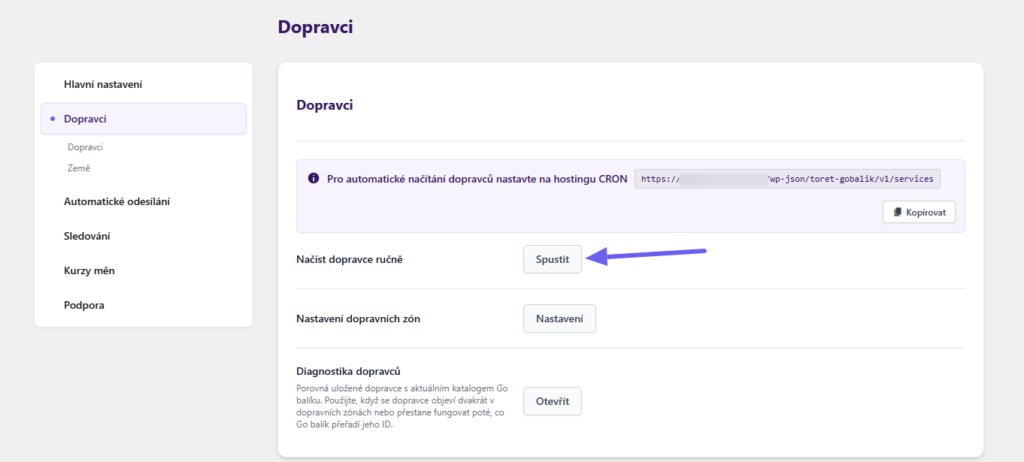 Plugin Toret GO balík - načtení dopravců