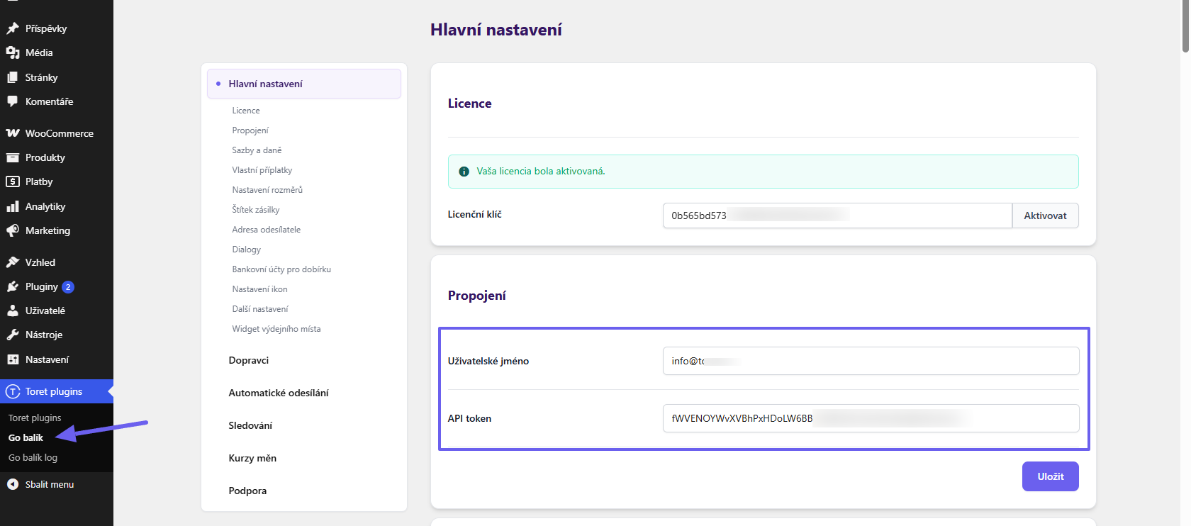 Plugin Toret GO balík - napojení na API