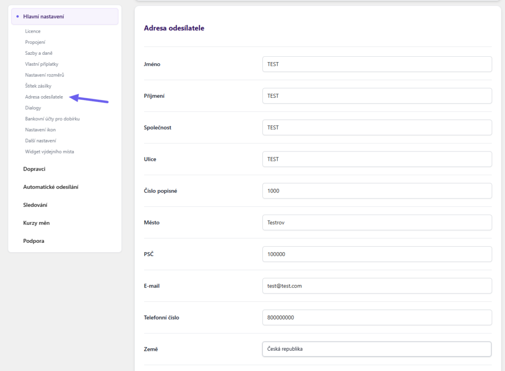 Plugin Toret GO balík - nastavení adresy odesílatele